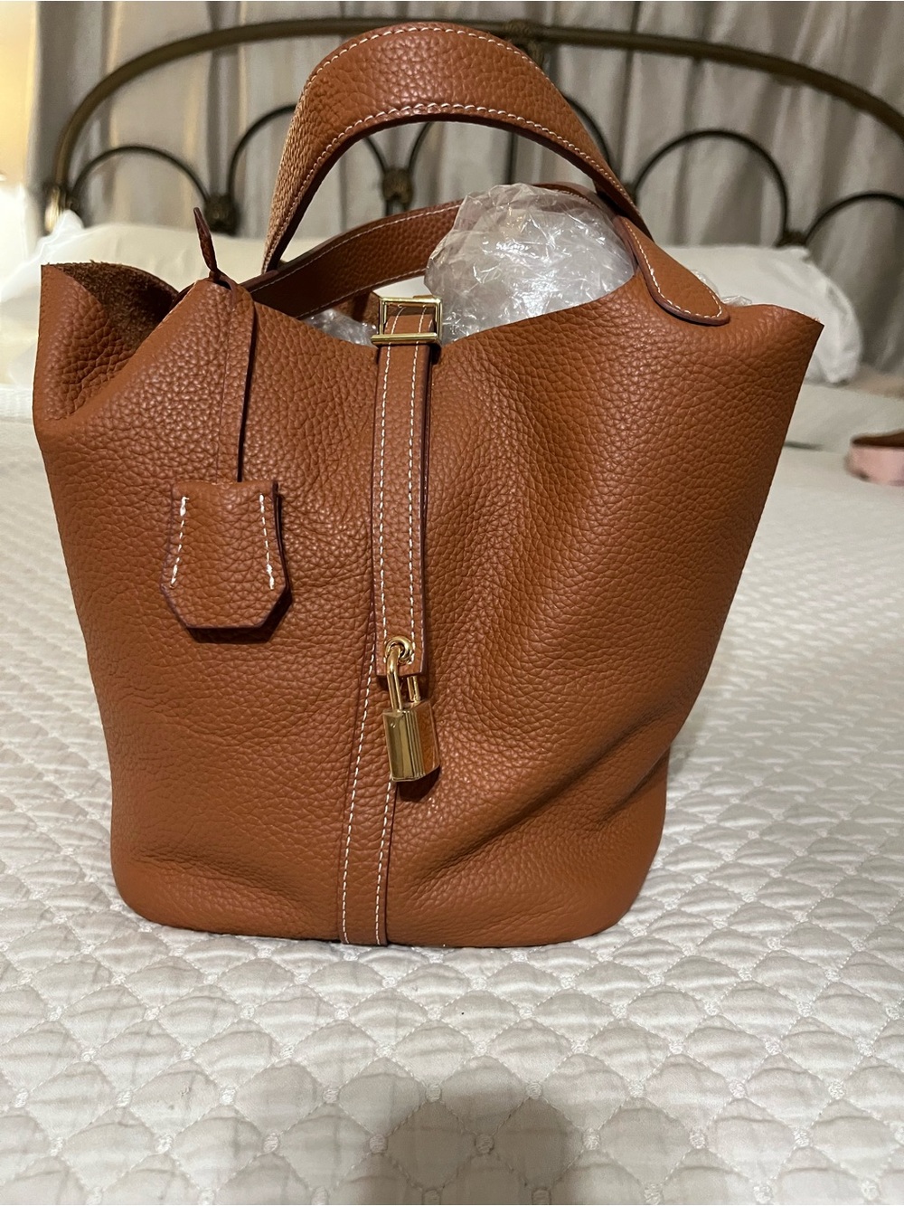 Designer inspired Brown Leather Bucket Tote Bag w/ Gold Hardware lock & key